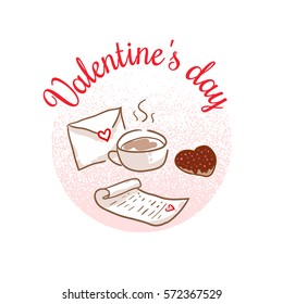 St Valentines day vector design element. Suitable for party invitation, romantic greeting card or web banner. February 14 Breakfast. Cup of coffee, cookie and love letter