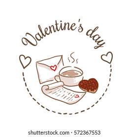 St Valentines day vector design element. Suitable for party invitation, romantic greeting card or web banner. February 14 Breakfast. Cup of coffee, cookie and love letter in cute frame