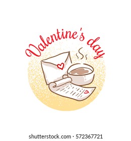 St Valentines day vector design element. Suitable for party invitation, romantic greeting card or web banner. February 14 Breakfast. Cup of coffee and love letter