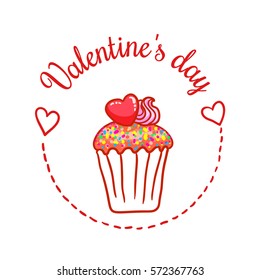 St Valentines day vector design element. Suitable for party invitation, romantic greeting card or web banner. Chocolate cupcake with confetti and heart on top