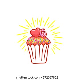 St Valentines day vector design element. Suitable for party invitation, romantic greeting card or web banner. Chocolate cupcake with confetti and heart on top
