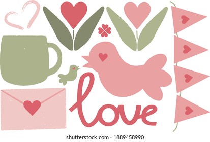 St Valentines Day vector elements. Romantic pink hearts, cup of hot drink, envelope. For card, design, print or background. Romantic symbols.