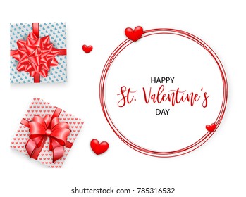 St. Valentine's Day vector illustration card. Happy realistic Valentines holiday background. Love gift bow red heart. Romantic decorative banner graphic design. Vintage ribbon symbol.