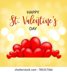 St. Valentine's Day vector illustration card. Happy realistic Valentines holiday background. Love red pink heart. Romantic decorative banner graphic design. Vintage handwritten lettering.