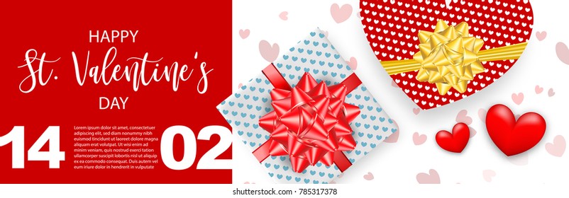 St. Valentine's Day vector illustration card. Happy realistic Valentines holiday background. Love gift bow red heart. Romantic decorative banner graphic design. Vintage ribbon symbol.
