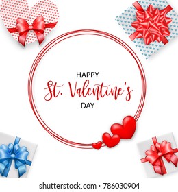 St. Valentine's Day vector illustration card. Happy realistic Valentines holiday background. Love gift bow red heart. Romantic decorative banner graphic design. Vintage ribbon symbol. Valentines Day.