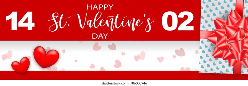 St. Valentine's Day vector illustration card. Happy realistic Valentines holiday background. Love gift bow red heart. Romantic decorative banner graphic design. Vintage ribbon symbol. Valentines Day.