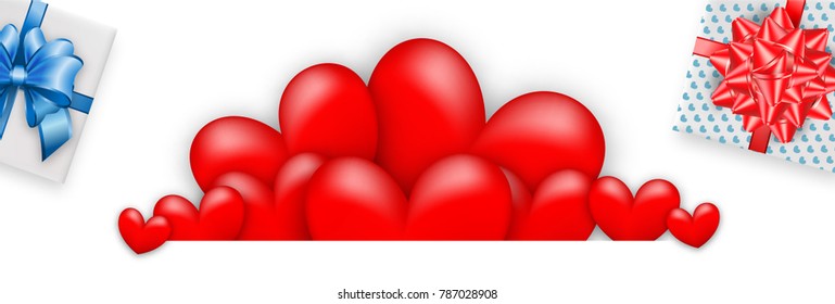 St. Valentine's Day vector illustration card. Happy realistic Valentines holiday background. Love gift bow red heart. Romantic decorative banner graphic design. Vintage ribbon symbol.