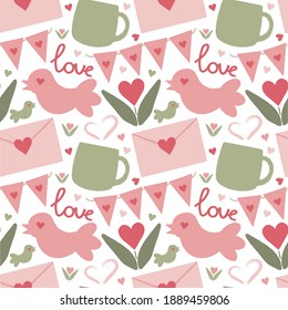 St Valentines Day vector pattern. Romantic pink hearts, cup of hot drink, envelope. For card, design, print or background. Romantic symbols.