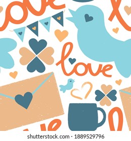 St Valentines Day vector pattern. Romantic pink hearts, cup of hot drink, envelope. For card, design, print or background. Romantic symbols.