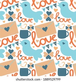 St Valentines Day vector pattern. Romantic pink hearts, cup of hot drink, envelope. For card, design, print or background. Romantic symbols.