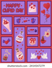 St Valentines day vertical graphic composition. Items related to romantic holiday. Trendy print design for printouts, textile, wallpaper, wrapping, pattern, banner, social media graphics