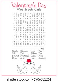 St. Valentine's Day word search puzzle with  swans. Educational game for learning English. Printable party card. Activity worksheet for kids and adults. Find hidden words about love. 