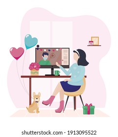 St. Valentines Day - Young woman with man online dating. Love in the air, home, romantic online chatting. Flat vector illustration for web, landing page, banner. Real life in a pandemic.