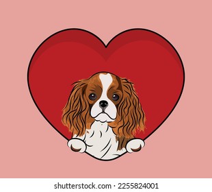 St. Valentins lustige Karte. Cavalier King Charles Spaniel Hund hängt mit Pfoten in einem großen Valentiner Tagesherz. Liebes Herz mit Kopf, Herz und Fußabdruck für Haustiere. Hundewand mit rosafarbenem Herz-Cartoon-Symbol.