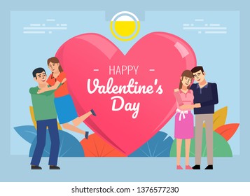 St Valentine's greeting card. People stand near big heart. Poster for social media, web page, banner, presentation. Flat design vector illustration