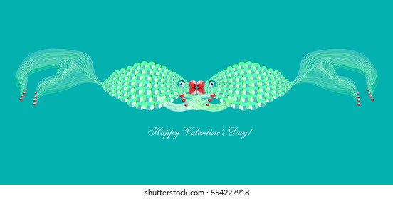 St Valentine's greeting card with turquoise pop art style kissing fishes on turquoise background