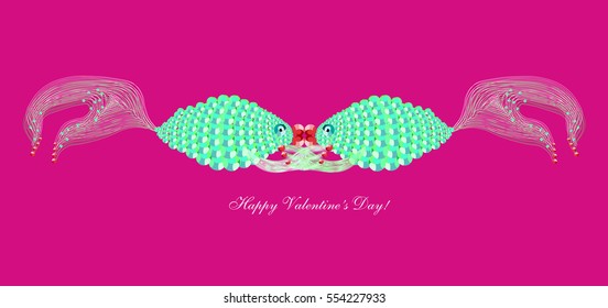 St Valentine's greeting card with turquoise pop art style kissing fishes on fuchsia background