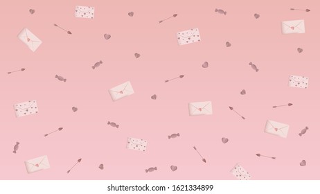 St. Valentine's with hearts, arrow and envelope on pink background. For invitations, greeting cards, banners, posters, flyers, sale, discount