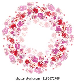 St. Valentines holiday gifts concept vector flat poster design. Illustration with pink boxes