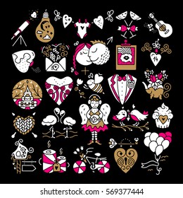 St. Valentines icons. Romantic vector images. Hand drawn illustration for postcard, save the date card, romantic housewarming poster. 