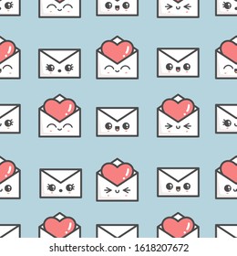 St Valentine's mail theme. Love concept. Cute kawaii romantic envelopes. Various emotions. Japanese manga style. Funny anime characters with faces. Trendy vector seamless pattern. Blue background