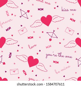 St. Valentine's seamless pattern with hearts, wings, bow, arrow, hand writing, candy on pink background. For invitations, greeting cards, banners, posters, flyers, sale, discount, promotion events