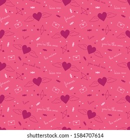 St. Valentine's seamless pattern with hearts, wings, bow, arrow, hand writing, candy on pink background. For invitations, greeting cards, banners, posters, flyers, sale, discount, promotion events