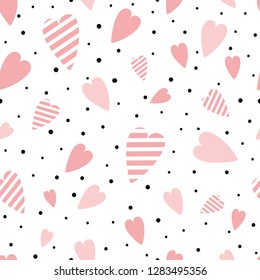 St Valentines seamless pink pattern with heart shapes ornament decorated black polka dot ornament Vector illustration for wallpaper, wrap Wedding background Valentines day template Girly pyjama print.