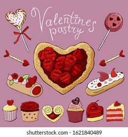 St. Valentines sweets and pastry color set. Vector illustration