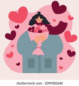 St Valentine's vector concep. Happy girl holding bunch of flowers. 