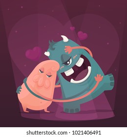 St Valentines vector illustration of loving monsters. Monsters love each other and embrace. The romantic atmosphere around. 