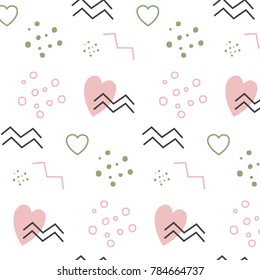 St Valentines's day pattern Memphis ornament grey with pink heart, green drops, pink and black zigzag