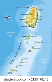 Mapa físico altamente detallado de las islas de San Vicente y las Granadinas