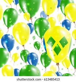 St. Vincent Independence Day Seamless Pattern. Flying Rubber Balloons in Colors of the Saint Vincentian Flag. Happy St. Vincent Day Patriotic Card with Balloons, Stars and Sparkles.