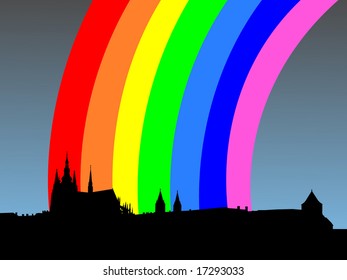 St Vitus cathedral and Prague castle with rainbow illustration