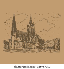 St. Vitus Cathedral in Prague, Czech Republic. Vector hand drawn sketch.