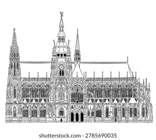 St. Vitus Cathedral Side View Prague Praha Czech Republic bw Illustration