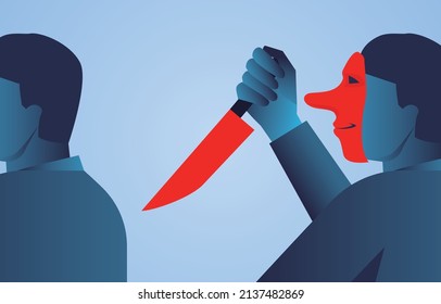 Stabbing a knife in the back of a man, businessman wearing a mask holding a knife and stabbing his fellow man, dishonesty, evil thoughts and plans
