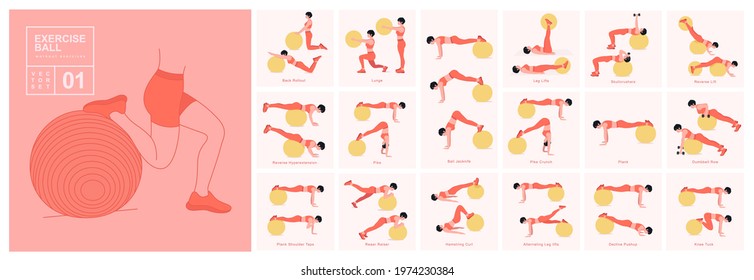 Stability Ball - Fitness Ball Workout Set. Young Woman Doing Stability Ball Exercises. Vector Illustration.