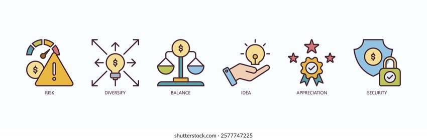 Stability Icon Set Isolated Vector With Icon Of Risk, Diversify, Balance, Idea, Appreciation, Security In Outline Color Style