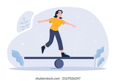 Stability in life concept. Girl walks along thin stick standing on roller. Metaphor of mental health and strong psychology. Self confident character passes test.. Cartoon flat vector illustration