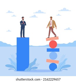 Stability and risk. Balance and loss of control, businessmen stand on stands, uncertainty and fragile company, different management style, confident and insecure person, vector concept