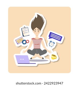 Stabilitätsaufkleber-Abbildung. Stabilitätskonzept im Leben. Mädchen mit dünner Stange, die auf Rollen steht. Metapher für psychische Gesundheit und starke Psychologie.