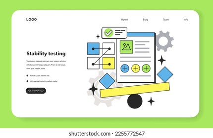 Stability testing technique web banner or landing page. Software testing methodology. IT specialist searching for bugs in code. Website and application development. Flat vector illustration