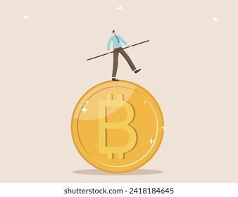 Stabilizing cryptocurrency during market downturn, improvement of digital currency, finding survival strategy during crisis, solving problems of declining exchange market, man balancing on bitcoin.