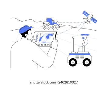 Abstrakte Vektorgrafik mit stabiler Klimaüberwachung. Bauern beobachten das Klima mit moderner Technologie, die Landwirtschaft, die Verwaltung von Bauernhöfen mit Robotik, abstrakte Metapher.