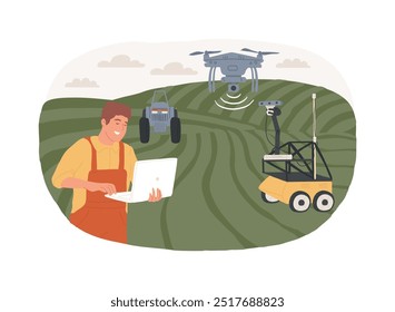 Stable climate monitoring isolated cartoon vector illustrations. Farmer monitors climate using modern technology, agriculture industry, managing farms using robotics vector cartoon.