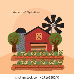 edificio de granja estable con diseño de ilustraciones de molino de viento y de cultivo