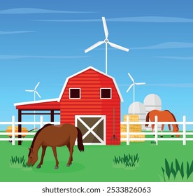 Stable with horses, windmills and hay. Agriculture and cattle. Vector illustration.